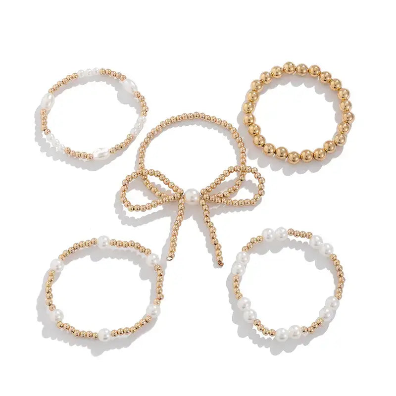 Golden Bow Beaded Bracelet Set with Faux Pearls