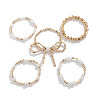 Golden Bow Beaded Bracelet Set with Faux Pearls