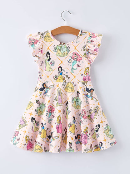 Summer Character Pattern Ruffle Sleeve Girls Dress
