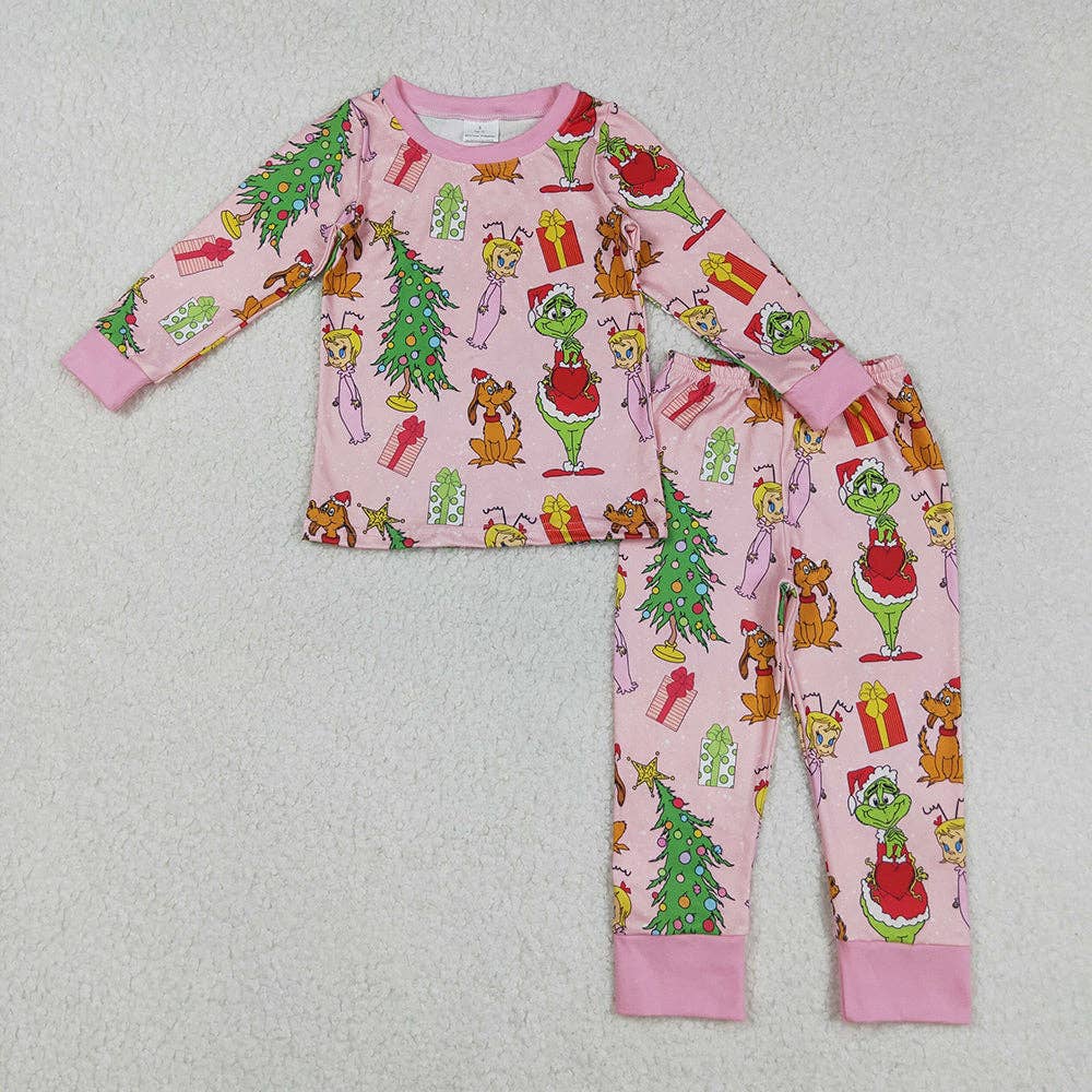 Sibling Baby Girls Christmas Pink Frog Top Pant Pajamas Set Zipper Footed Romper