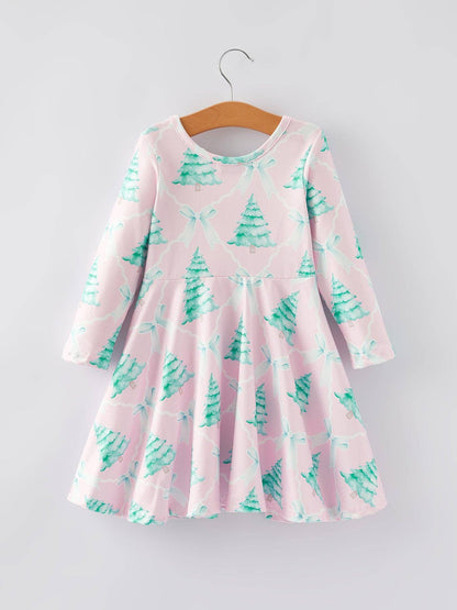 Christmas Tree Bow Print Girls Dress