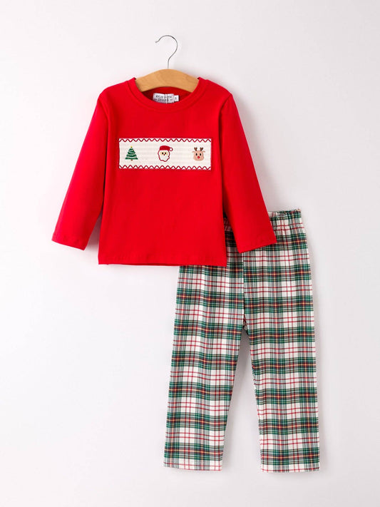 Christmas Plaid Smocking Embroidered Boys Set