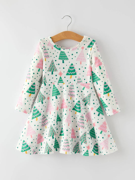 Cute Holiday Dress with Christmas Tree and Snow Prints