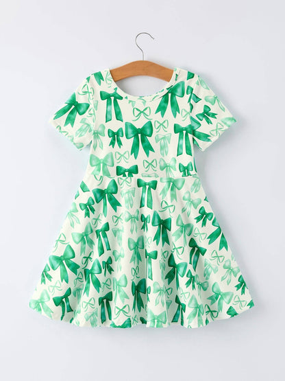 St. Patrick's Day Bow Print  Short Sleeves Girls Dress