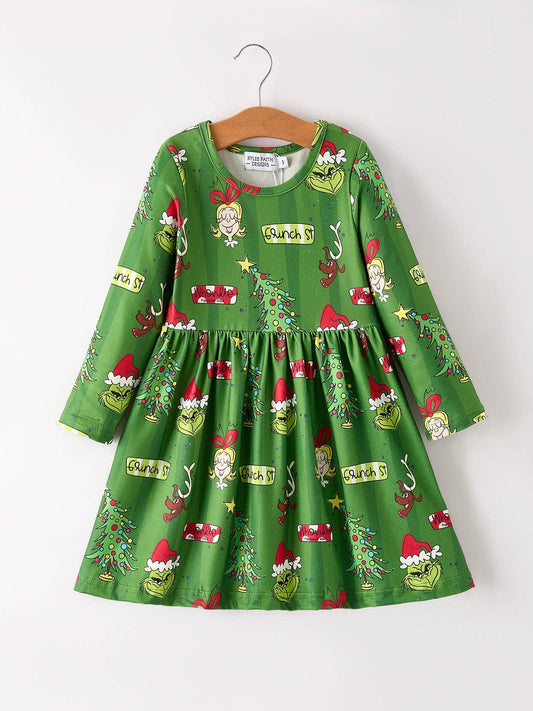 Holiday Elf and Christmas Tree Pattern Girls Dress