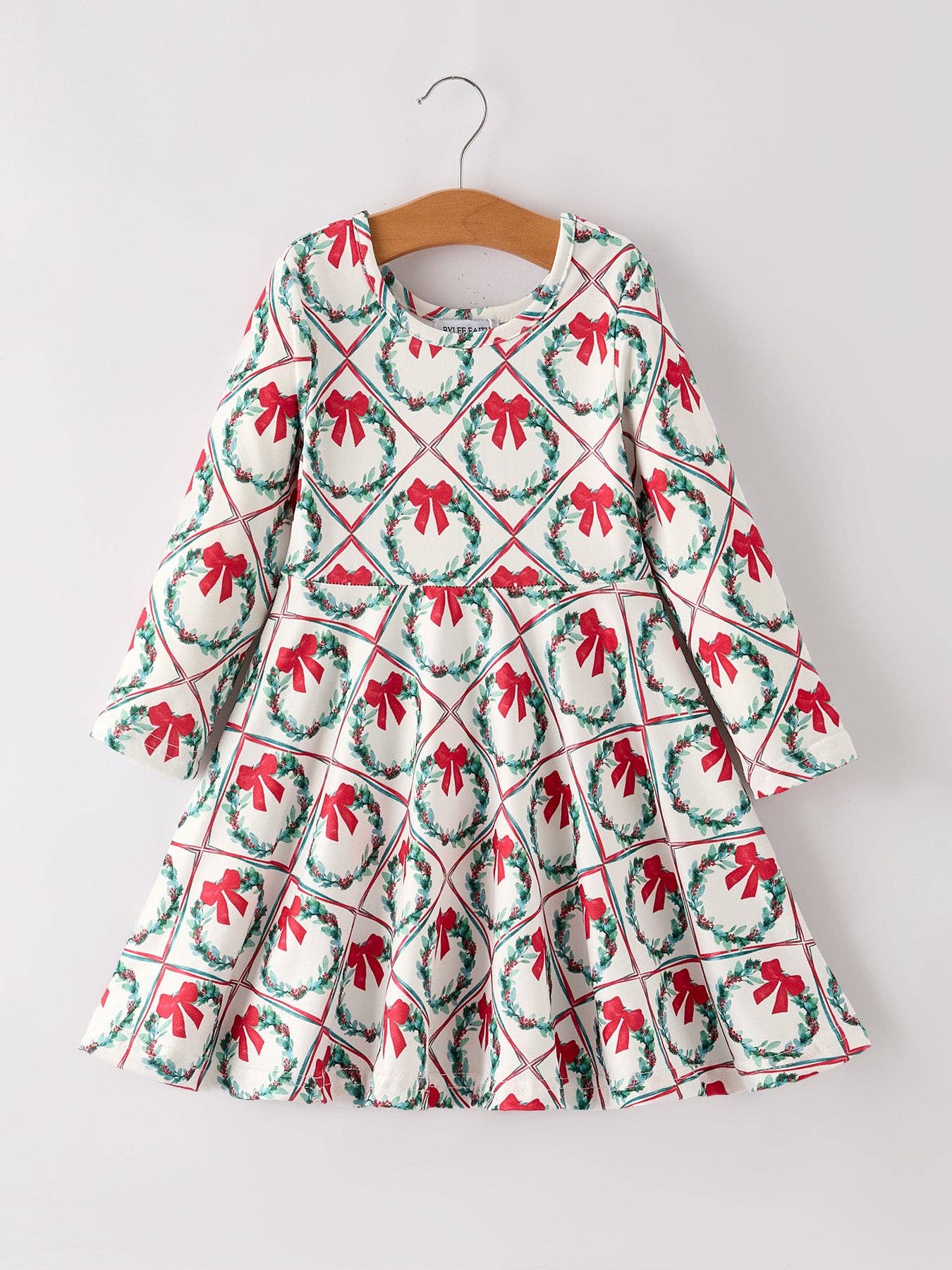 Winter Christmas Wreath & Bow Print Girls Dress