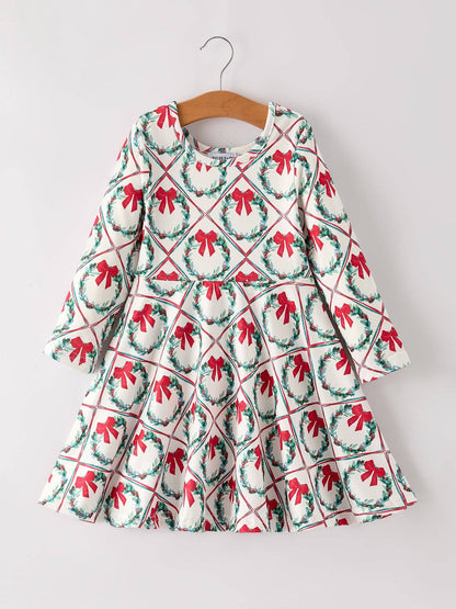 Winter Christmas Wreath & Bow Print Girls Dress