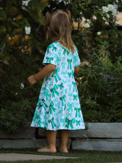 St. Patrick's Day Bow Print  Short Sleeves Girls Dress