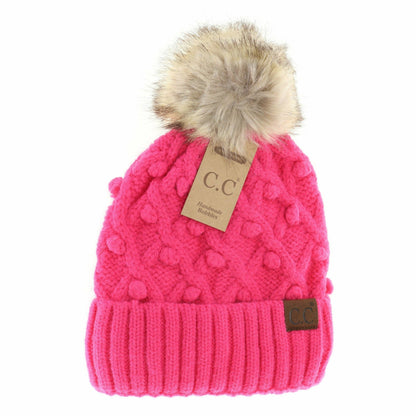Bobble Knit Fur Pom C.C Beanie Hat Adult