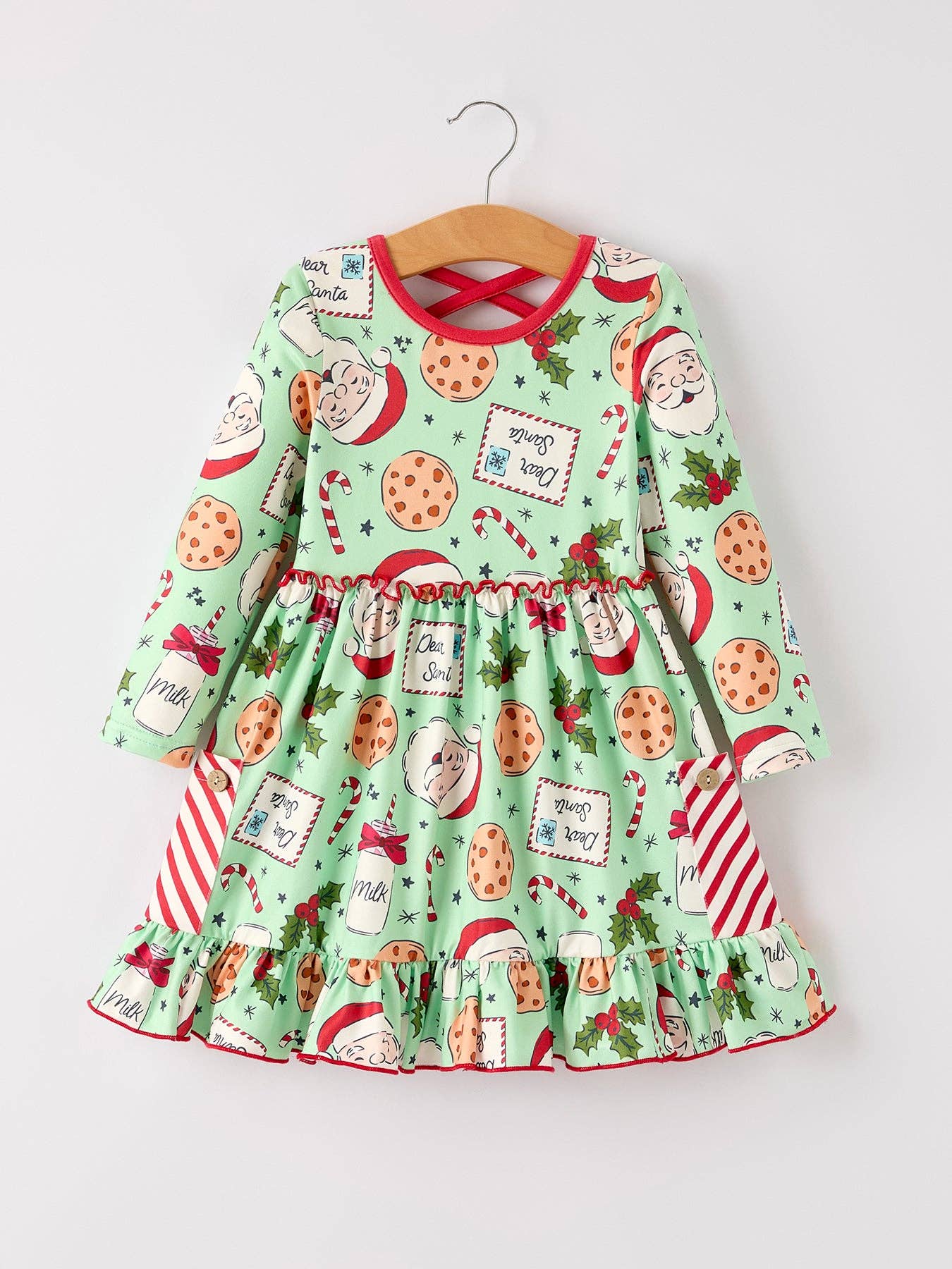 Winter Christmas Green Santa Girls Pocket Ruffle Dress