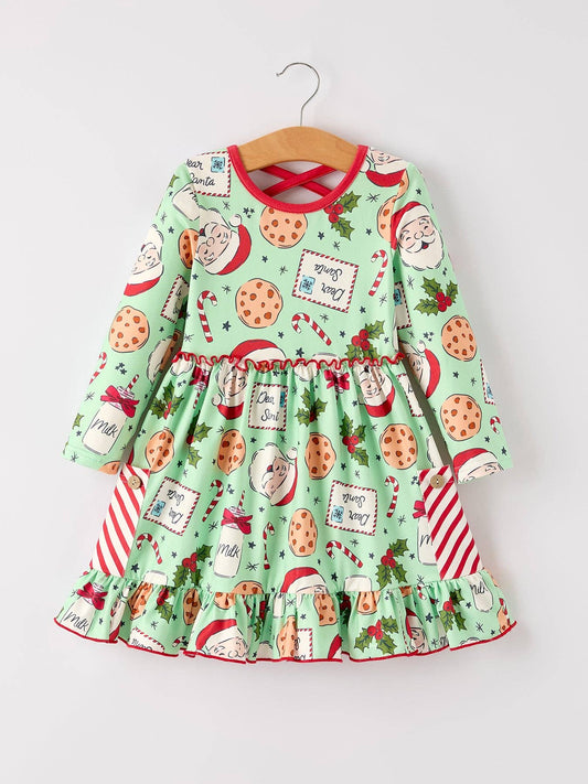 Winter Christmas Green Santa Girls Pocket Ruffle Dress