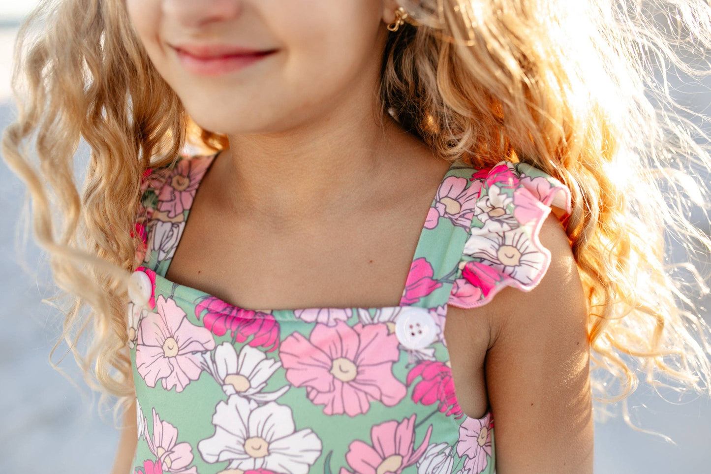 Kids Mint & Pink Flower Button Ruffle Summer Pocket Jumpsuit