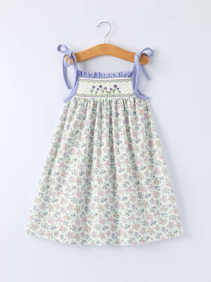 Spring Purple Floral Embroidered Smocked Bow Girl Dress