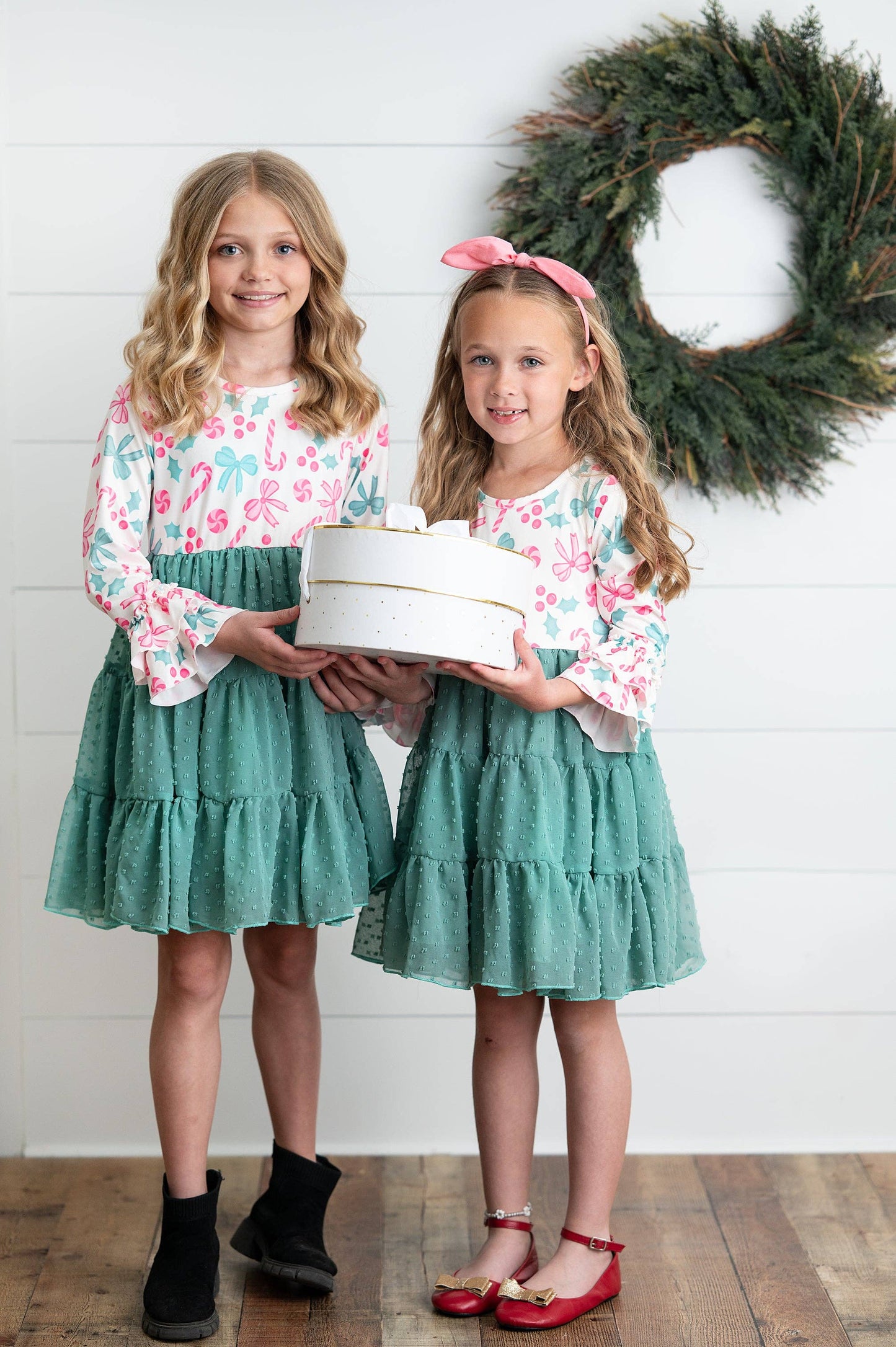 Kids Peppermint Candy Bow Holiday Swiss Dot Ruffle Dress