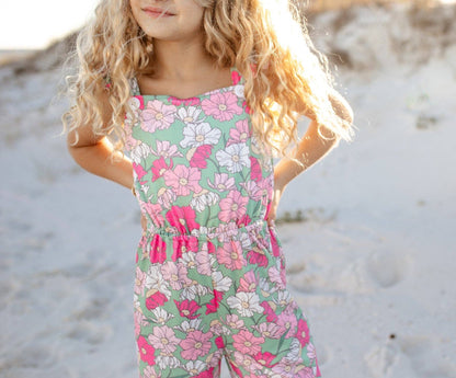Kids Mint & Pink Flower Button Ruffle Summer Pocket Jumpsuit