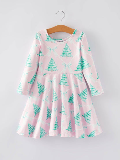 Christmas Tree Bow Print Girls Dress