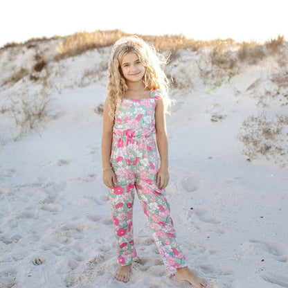 Kids Mint & Pink Flower Button Ruffle Summer Pocket Jumpsuit