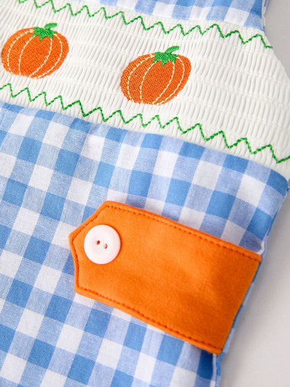 Fall Thanksgiving& Halloween Blue Pumpkin Smock Embroidery Baby Boy Romper