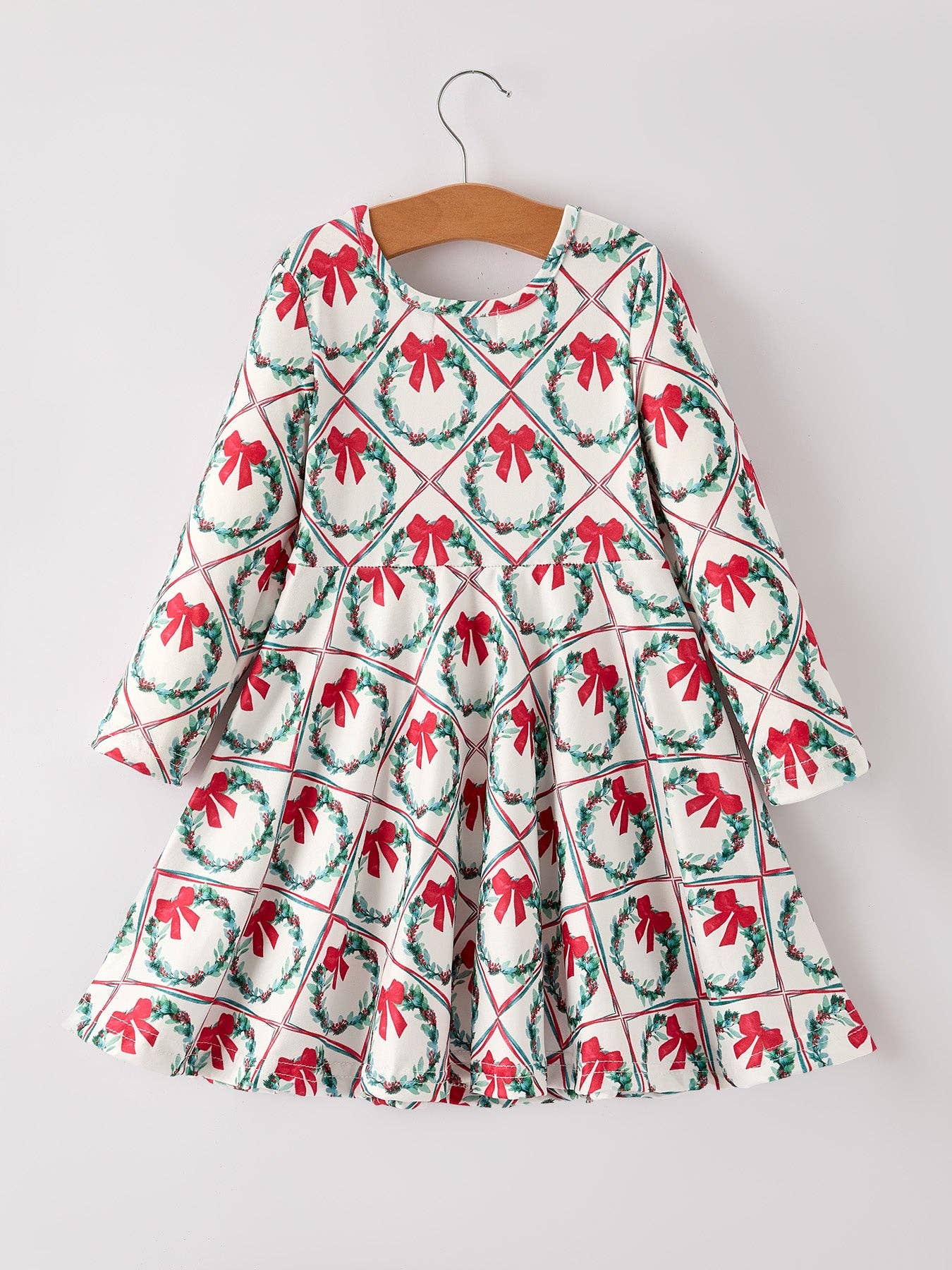 Winter Christmas Wreath & Bow Print Girls Dress