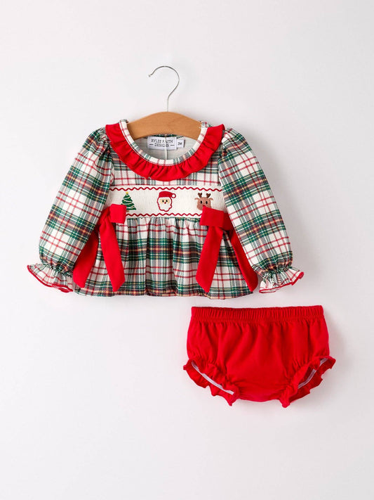 Christmas Plaid Smocking Embroidered Girls Bloomers Romper Set