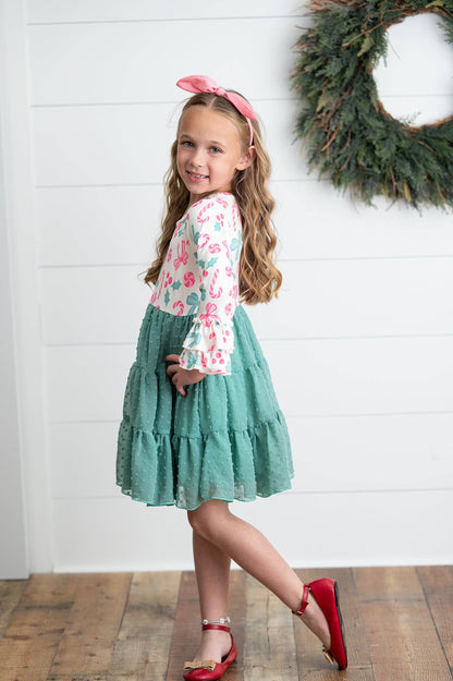 Kids Peppermint Candy Bow Holiday Swiss Dot Ruffle Dress