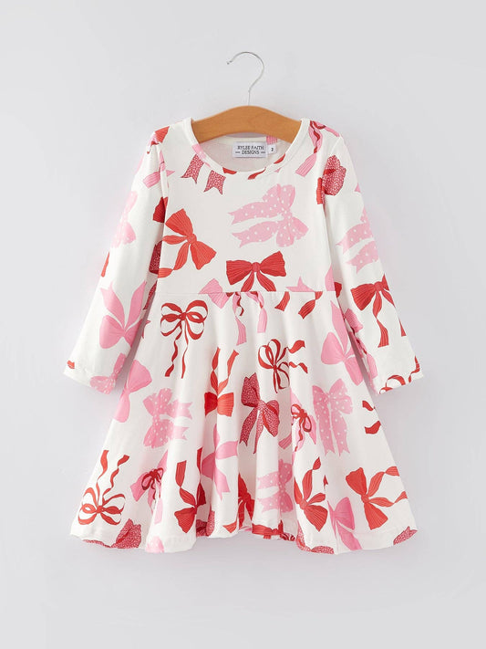Spring and Summer Girls' Pink Bow Print Dress