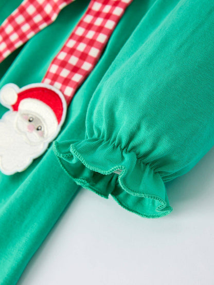 Christmas Cute Santa Applique Red Plaid Bow Girls Dress