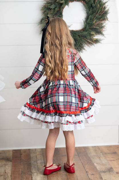 Girls Holiday Christmas Plaid Lace Ruffle Bow Back Dress