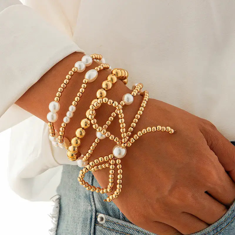 Golden Bow Beaded Bracelet Set with Faux Pearls