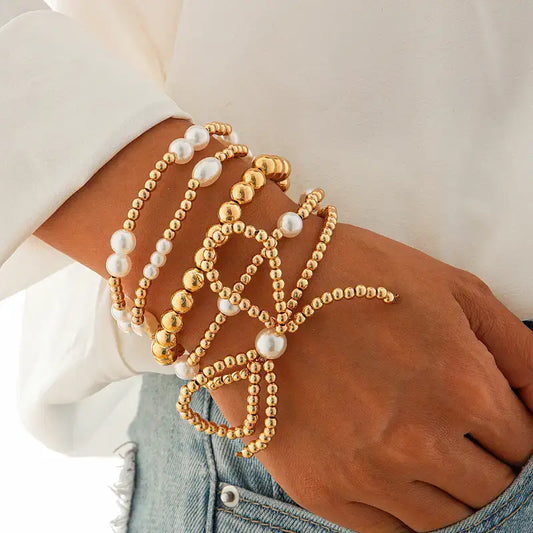 Golden Bow Beaded Bracelet Set with Faux Pearls