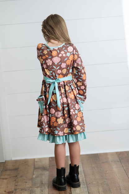 Girls Brown Floral Ruffle Pocket Tie Fall Dress