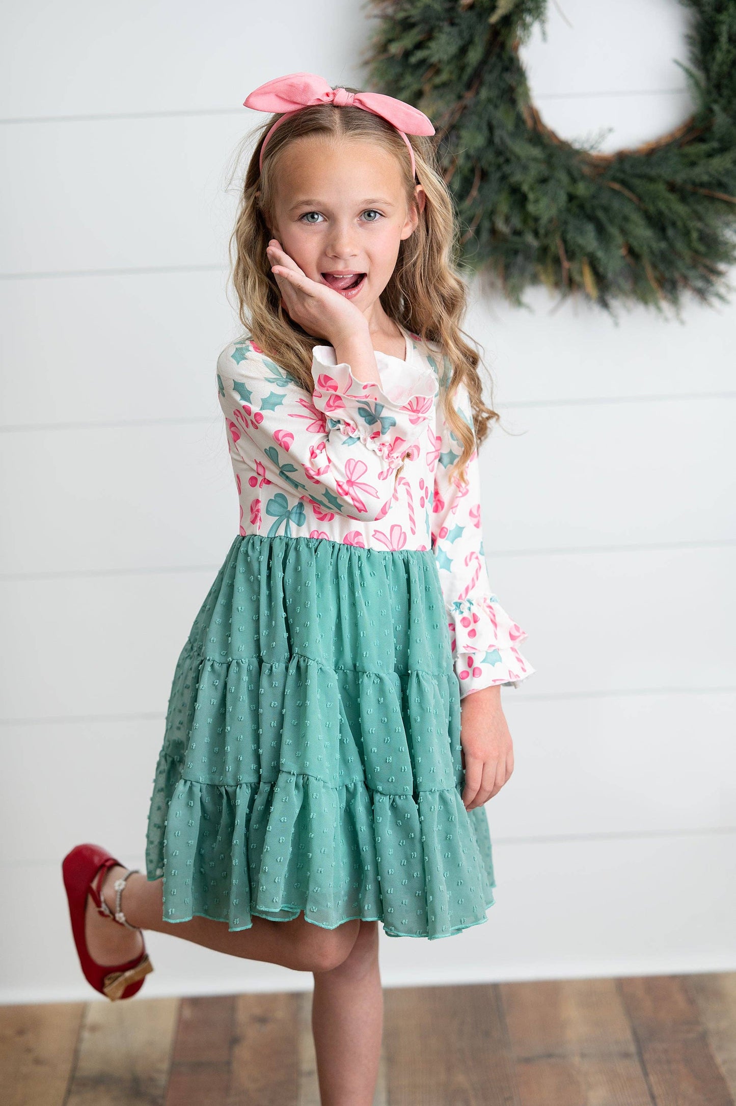 Kids Peppermint Candy Bow Holiday Swiss Dot Ruffle Dress