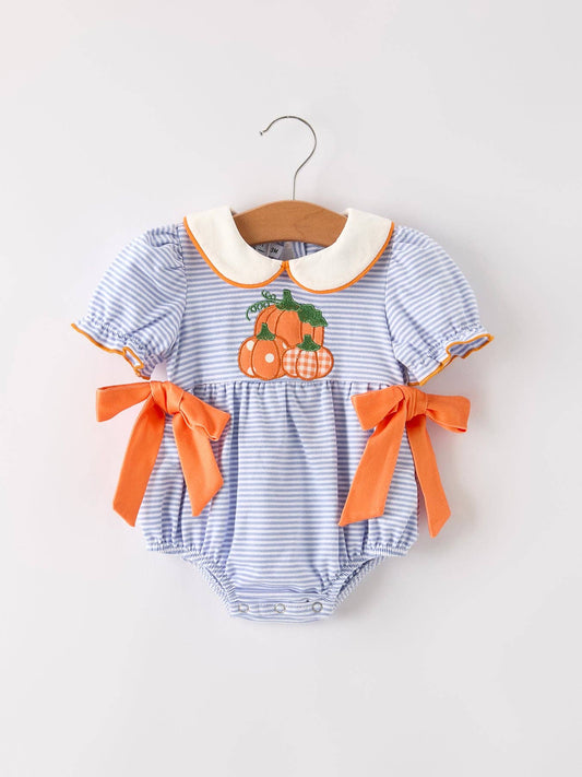 Fall Thanksgiving and Halloween Lapel Stripe Pumpkin Applique Bow Girls Romper