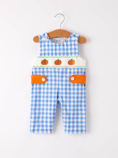 Fall Thanksgiving& Halloween Blue Pumpkin Smock Embroidery Baby Boy Romper