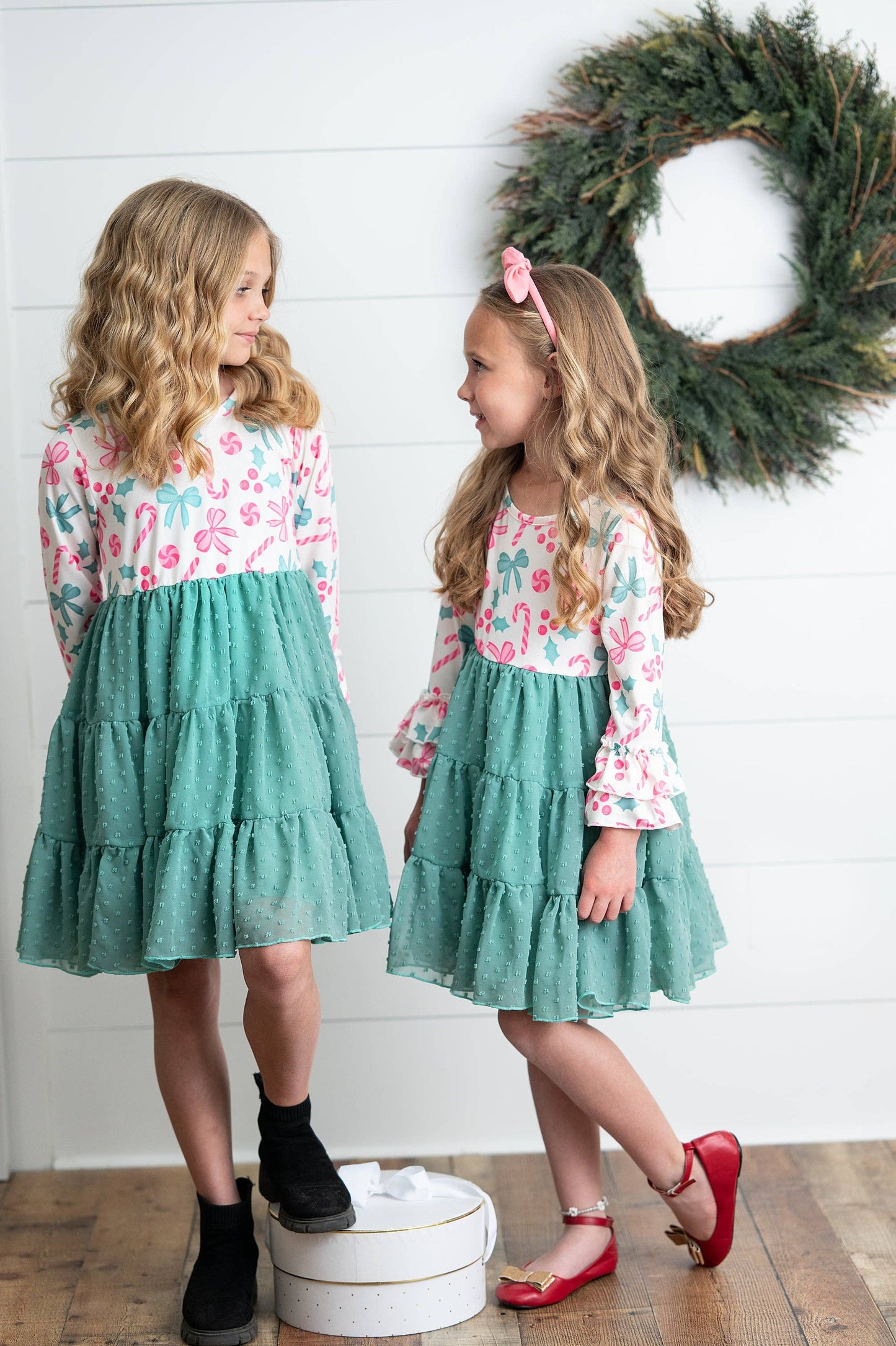 Kids Peppermint Candy Bow Holiday Swiss Dot Ruffle Dress