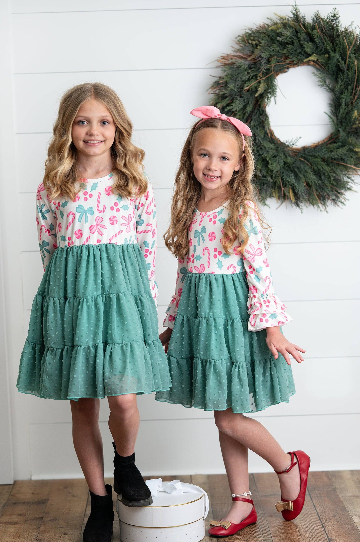 Kids Peppermint Candy Bow Holiday Swiss Dot Ruffle Dress