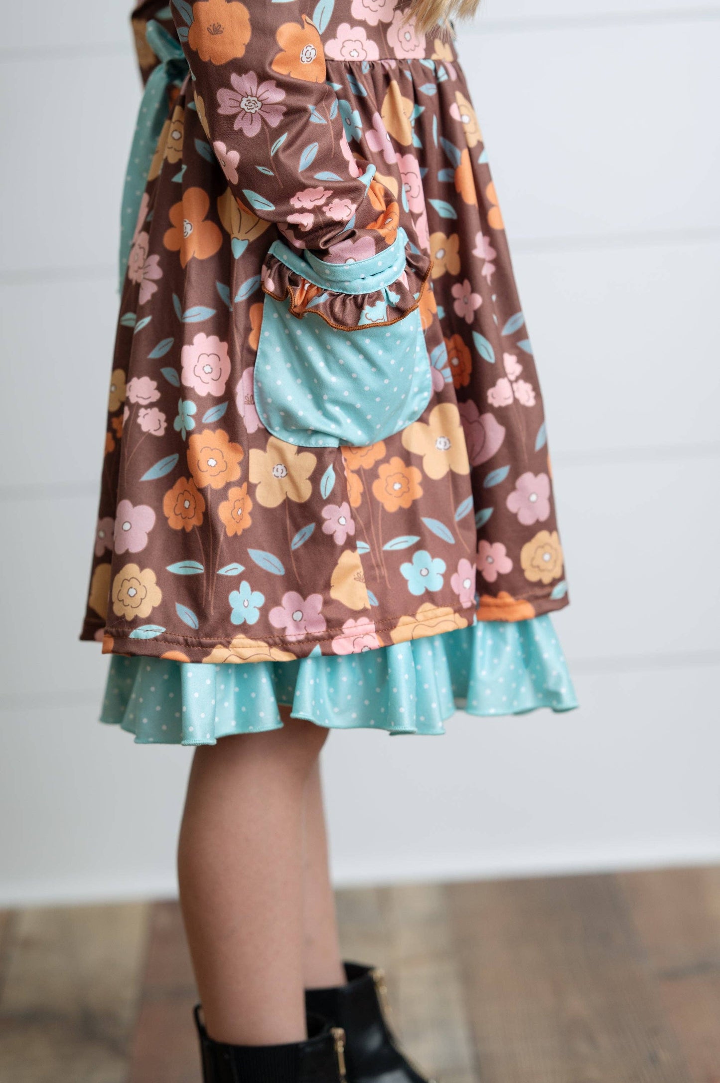 Girls Brown Floral Ruffle Pocket Tie Fall Dress