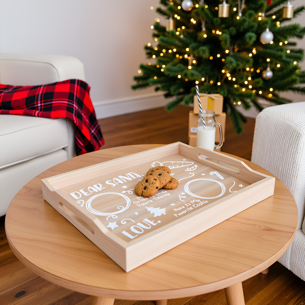Kate & Milo Santa Cookies Tray Natural Wood, Christmas Decor