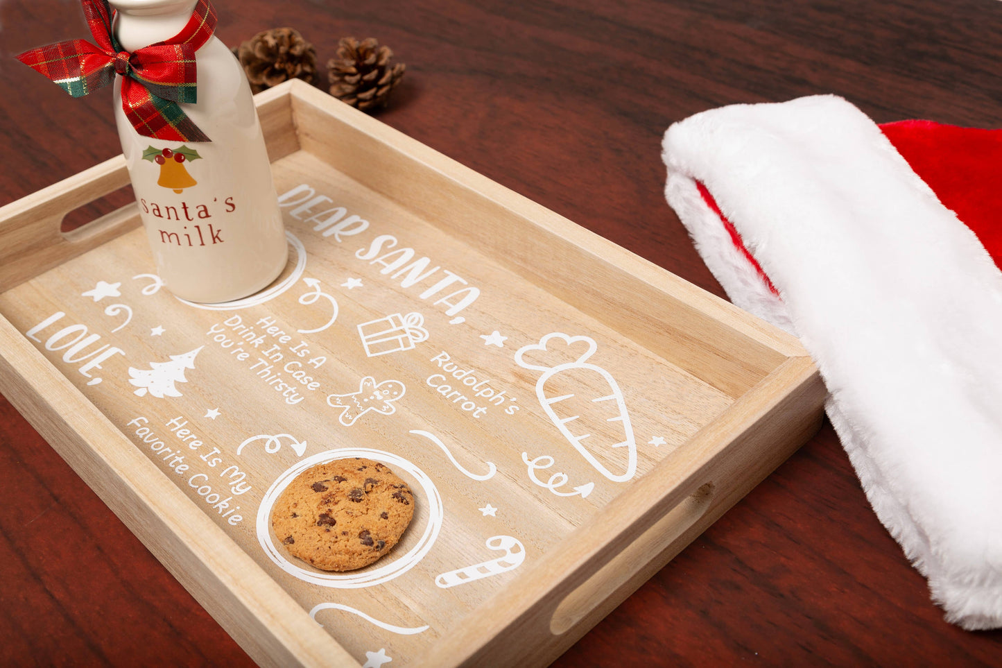 Kate & Milo Santa Cookies Tray Natural Wood, Christmas Decor