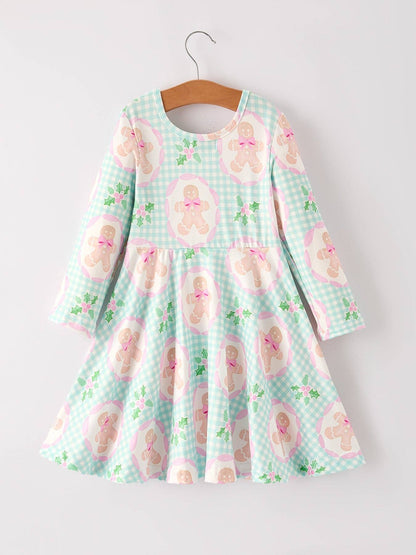 Christmas Gingerbread Man Print Plaid Girls Dress