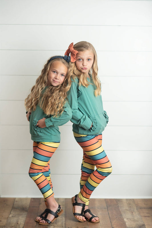 Kids Sage Ruffle Hoodie and Rainbow Stripe Leggings Fall Set